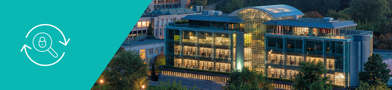 Koerner Library and Ponderosa complex at sunset