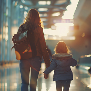 Mother and daughter walking together through the airport terminal with a backpack, backside view, getting home from a family trip