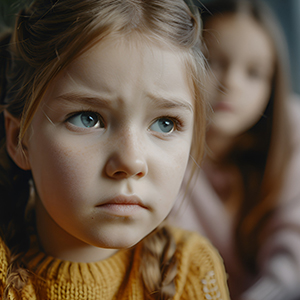 Young girl upset as worried mom looks in background