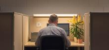 A man seen from behind working at a computer in a dimly lit office cubicle with a plant